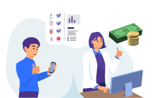 Illustration d'un client qui reçoit des données d'évaluation et d'une pharmacienne qui reçoit un montant financier
