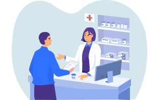 Illustration of a customer in contact with a pharmacist at the counter of a pharmacy