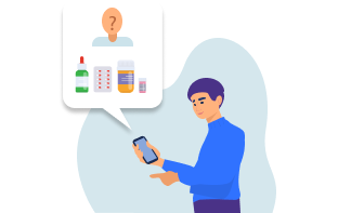 Illustration eines TOM-App-Users, der Medikamentendaten am Handy eingbit