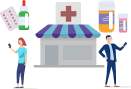 Illustration of people using different medicines and associated with the pharmacy