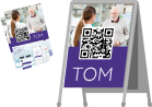 Illustration of flyers and posters showing QR codes from TOM