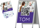 Illustrazione di volantini e manifesti che mostrano i codici QR di TOM