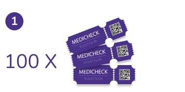 "100 x" junto a los vales Medicheck con un código QR
