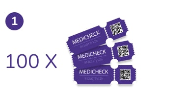 "100 x" neben Medicheck Gutscheinen mit einem QR-Code