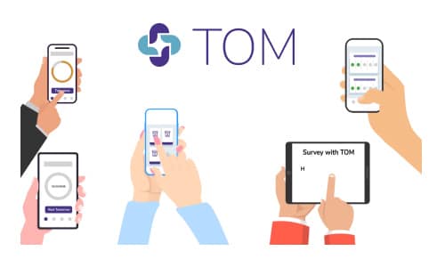 Ilustración del uso de la app TOM Medications - diferentes manos sosteniendo la app Tom en sus manos.