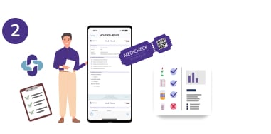 A TOM app user completes a Medicheck in the TOM app. On the left a questionnaire form, on the right a statistic representing the evaluation of the Medicheck.